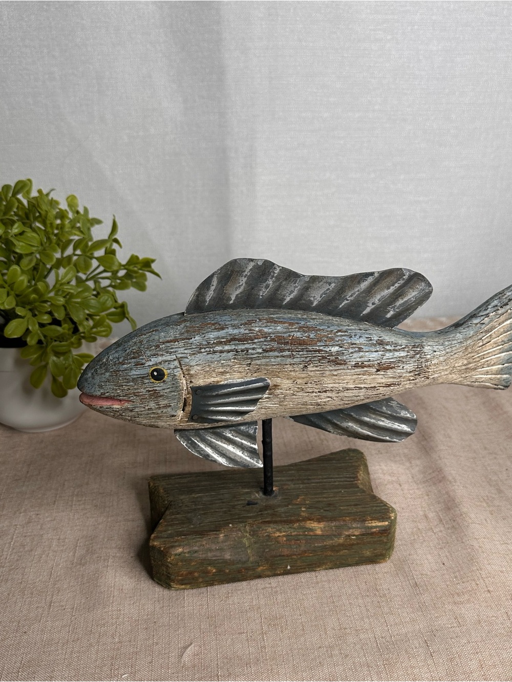 Hand-Carved/painted Wooden Fish Sculpture/Weathered Blue and Gray/Aluminum Fins